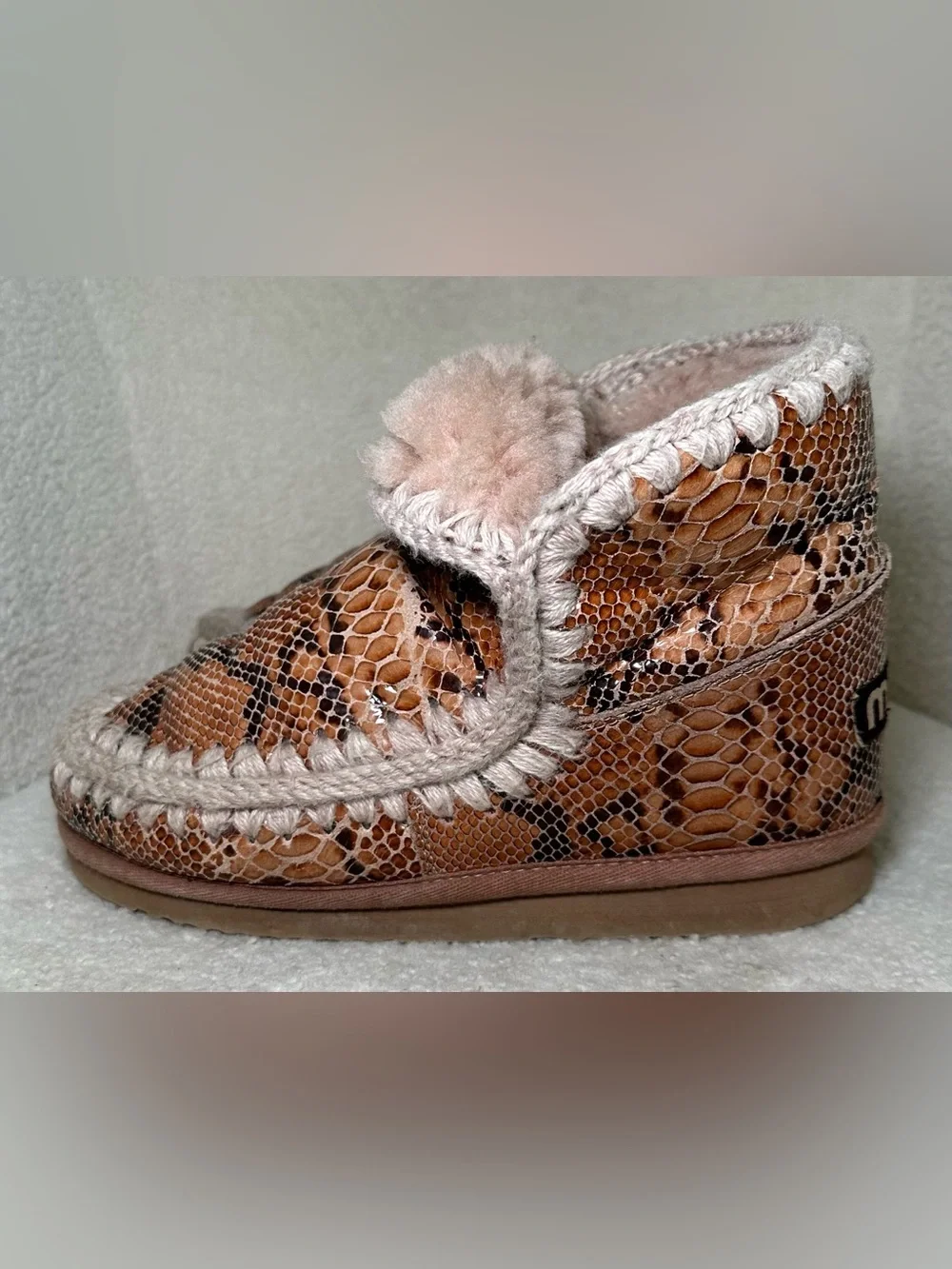 MOU Eskimo 18 Snake Python Print Shearling Ankle Boots Tan Cream Brown Winter 9
